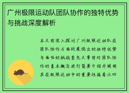 广州极限运动队团队协作的独特优势与挑战深度解析